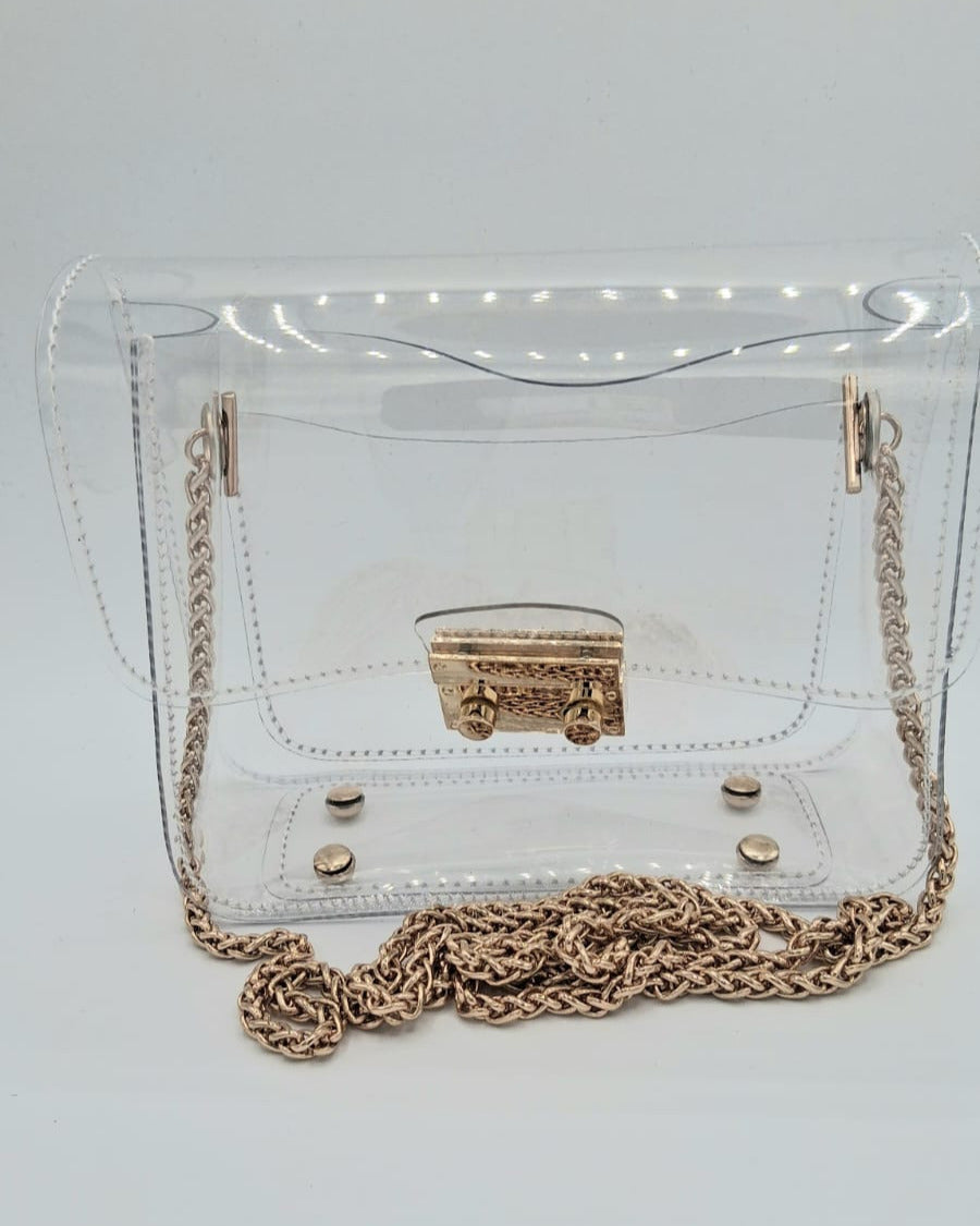 Cartera transparente rígida con cadena dorada larga y cierre metálico dorado en la parte frontal.