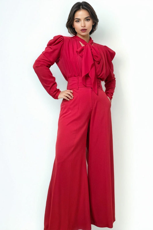 Romper rojo elegante de manga larga con lazo
