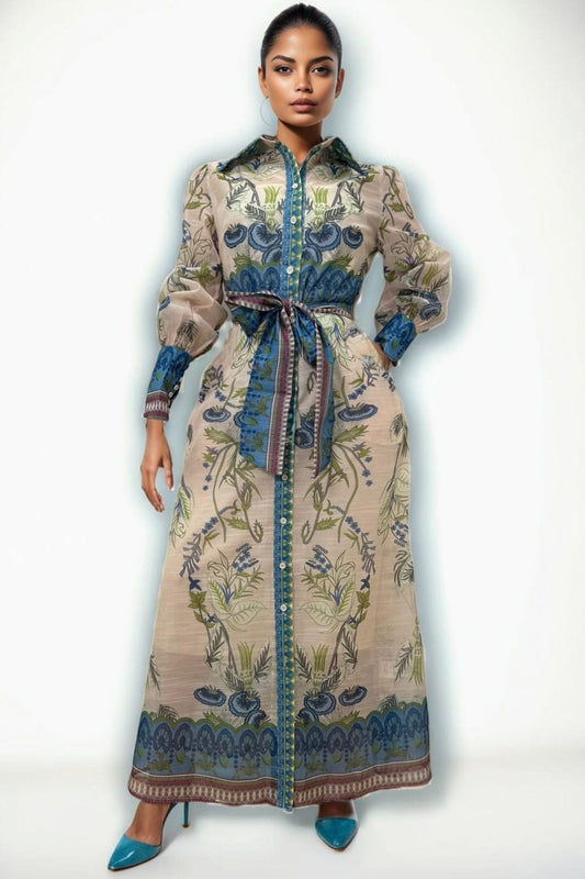Vestido largo camisero estampado floral beige, azul y verde